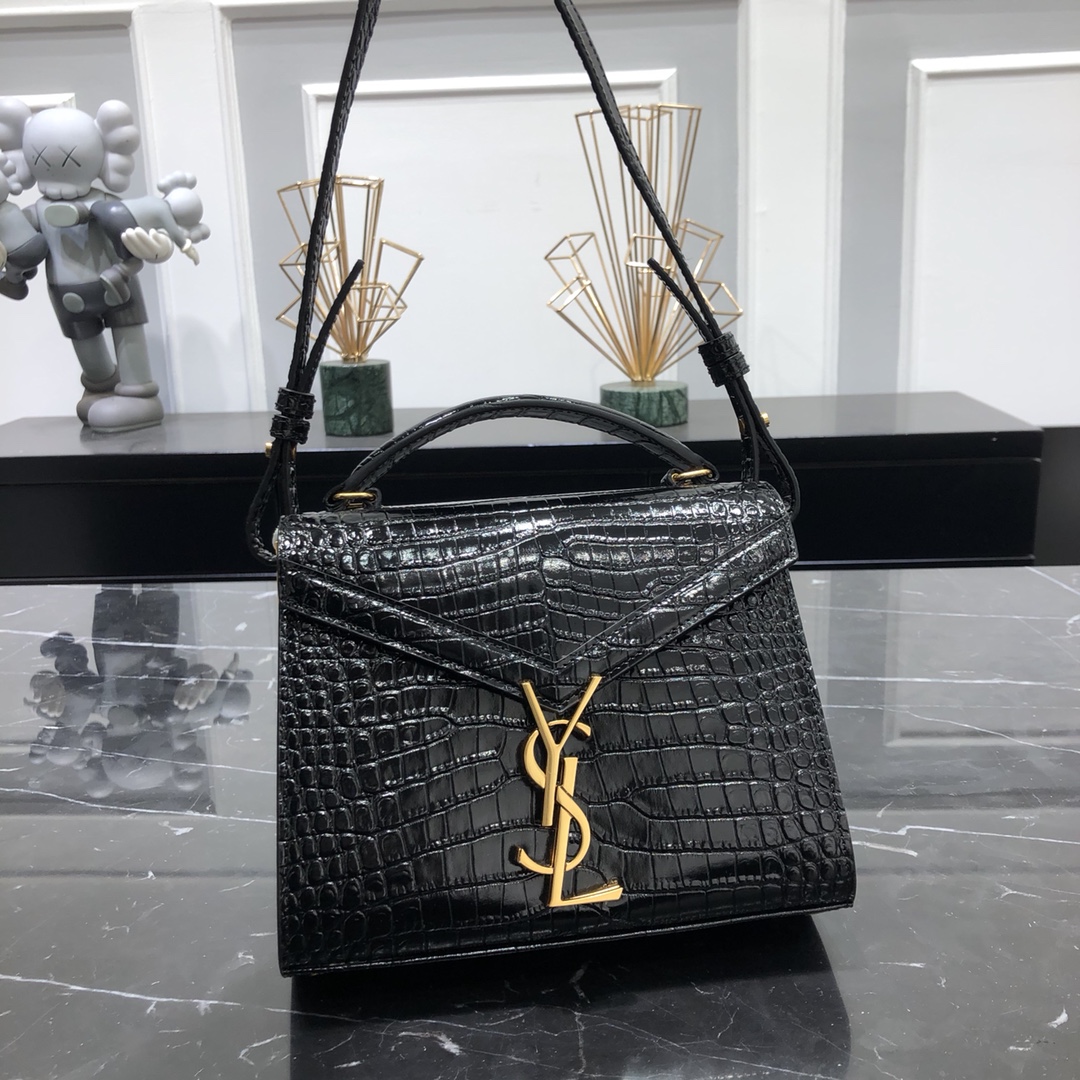 Saint Laurent Cassandera Mini Crocodile Embossed Bright Calfskin Handbag Shoulder Bag Black 623930